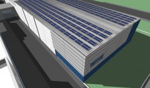 3D Ansicht Vogelperspektive vom Neubau der Lagerhalle mit Photovoltaikanlage auf dem Dach bei Treffert in Bingen