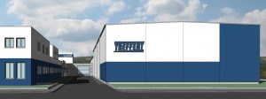 3D Seitenansicht vom Neubau der Lagerhalle bei Treffert in Bingen