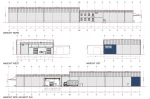 Zeichnungen Nord-, Süd-, Ost- und Westansicht vom Neubau der Lagerhalle bei Treffert in Bingen