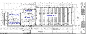Grundriss vom Neubau der Lagerhalle bei Treffert in Bingen mit Wareneingang, Warenausgang, Verpackung, Werkstatt und großem Lagerbereich