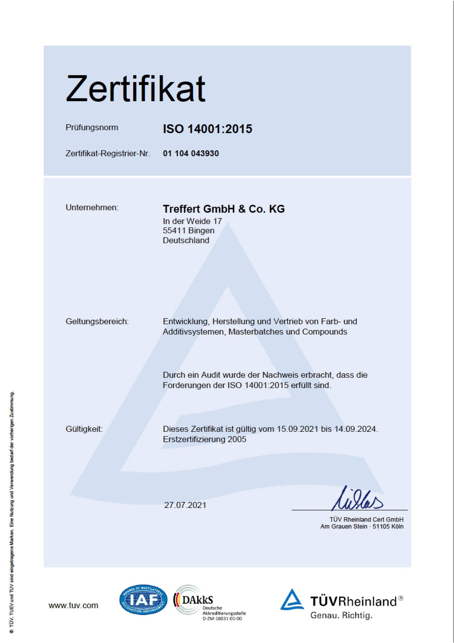 Treffert Zertifikat DIN EN ISO 14001