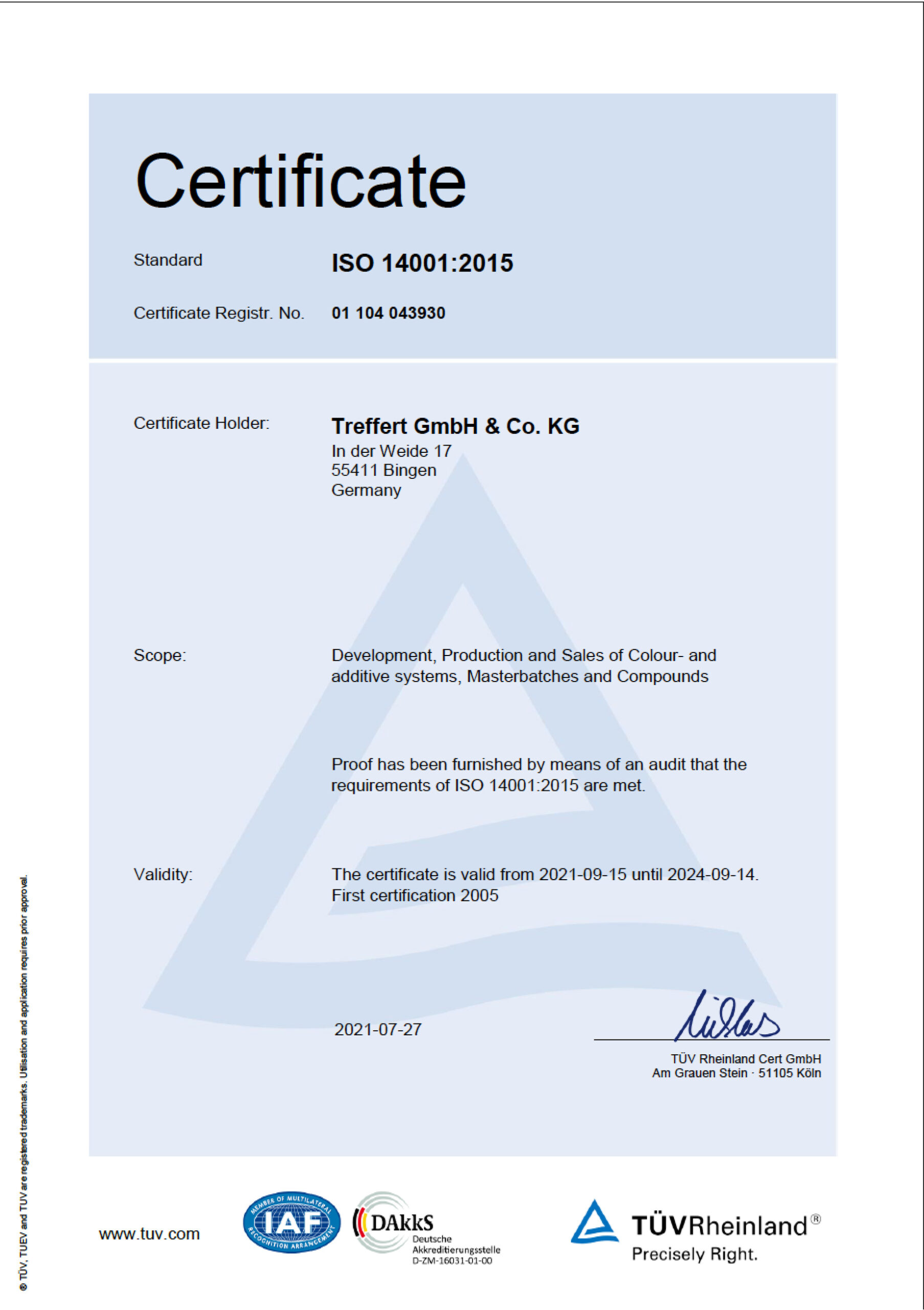 Treffert DIN EN ISO 14001 Certification